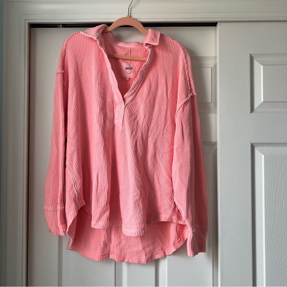 Aerie Pink Long Sleeve Waffle Knit Top
